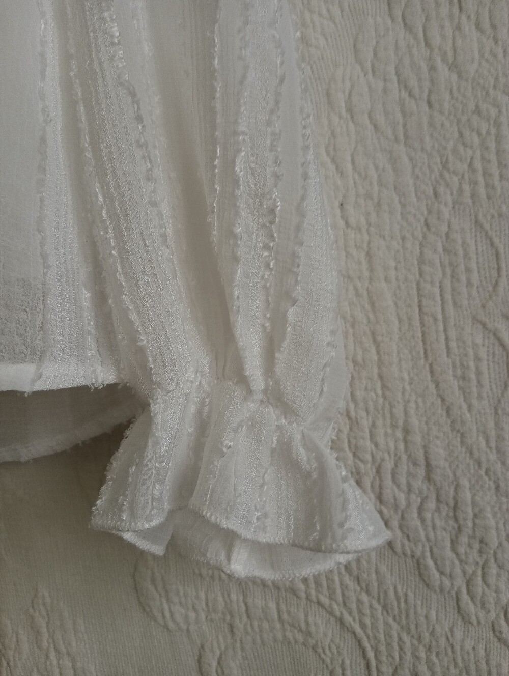 White Ruffle Texture Neck Button Down Blouse Flowy Oversized Femme Ruched Stripe - Picture 5 of 9